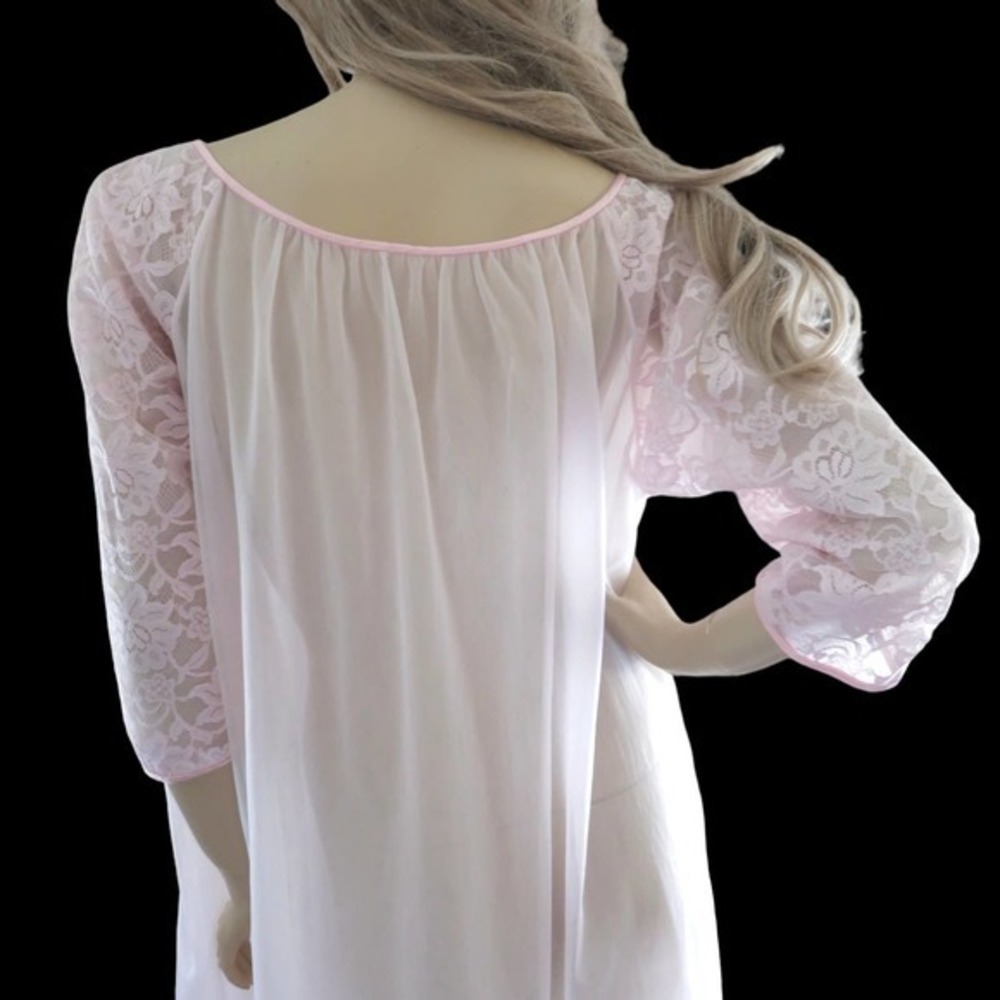 60s Pink Chiffon Peignoir M NWT Angelic Coquette Dollette Retro Glam Duster Gaze - Picture 7 of 8